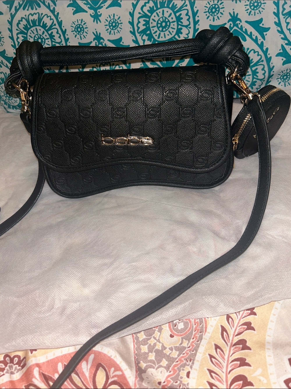 bebe Black Embossed Logo Saddle Crossbody with Coin Pouch brand new with out tag